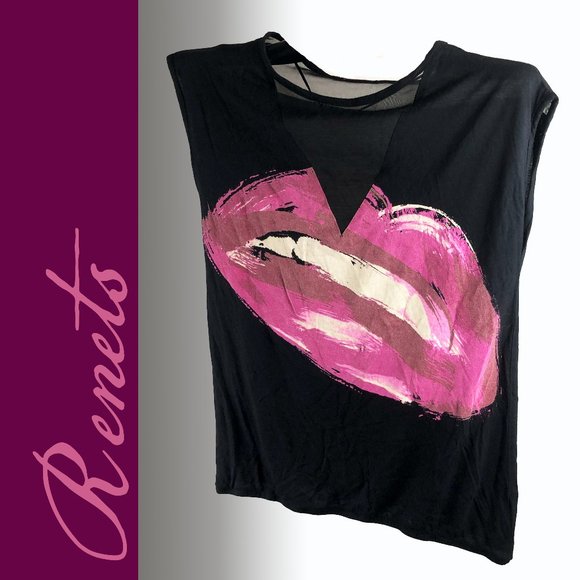 Renets black cotton and sheer tank with pink lips size S - Picture 1 of 3